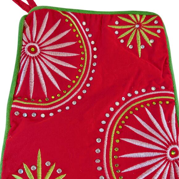 Christmas Stockings Set of 2 Green Red Embroidered Rhinestone 19" Holiday Decor - Picture 9 of 16